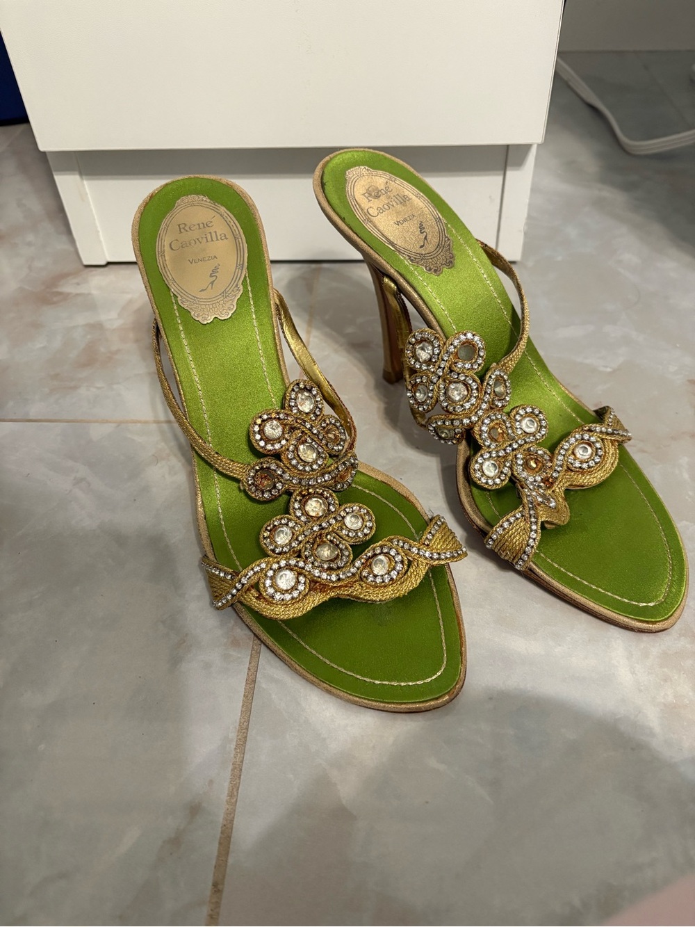 Rene Caovilla Gold Jeweled Lime Green Satin Heels